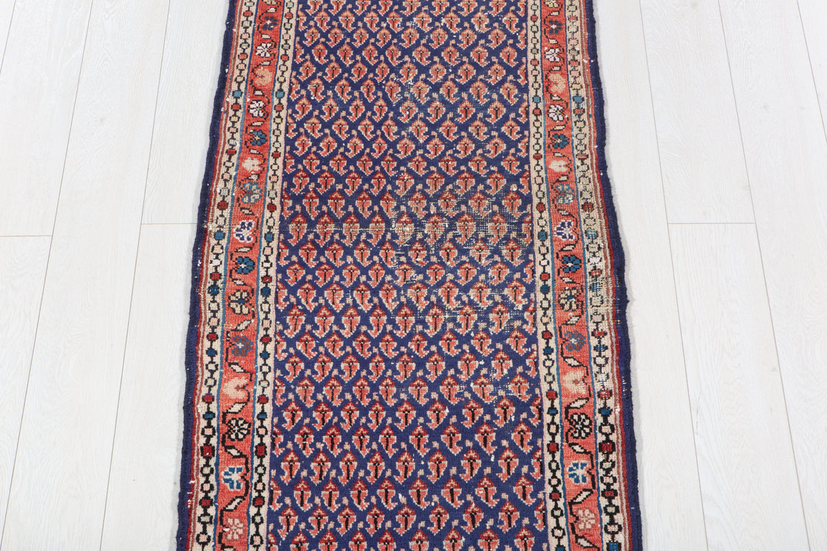 Antique Navy Blue Geometric Runner Rug – 6' 4" x 2' 4" (193 x 70 cm)