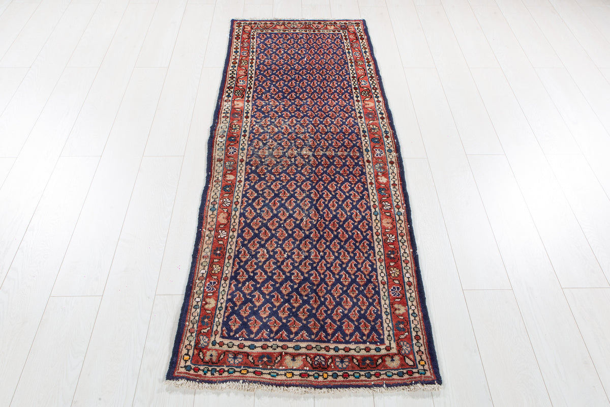 Antique Navy Blue Geometric Runner Rug – 6' 4" x 2' 4" (193 x 70 cm)