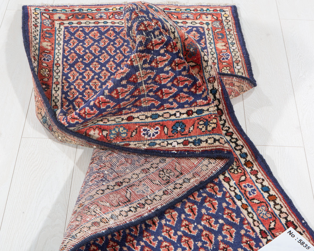 Antique Navy Blue Geometric Runner Rug – 6' 4" x 2' 4" (193 x 70 cm)