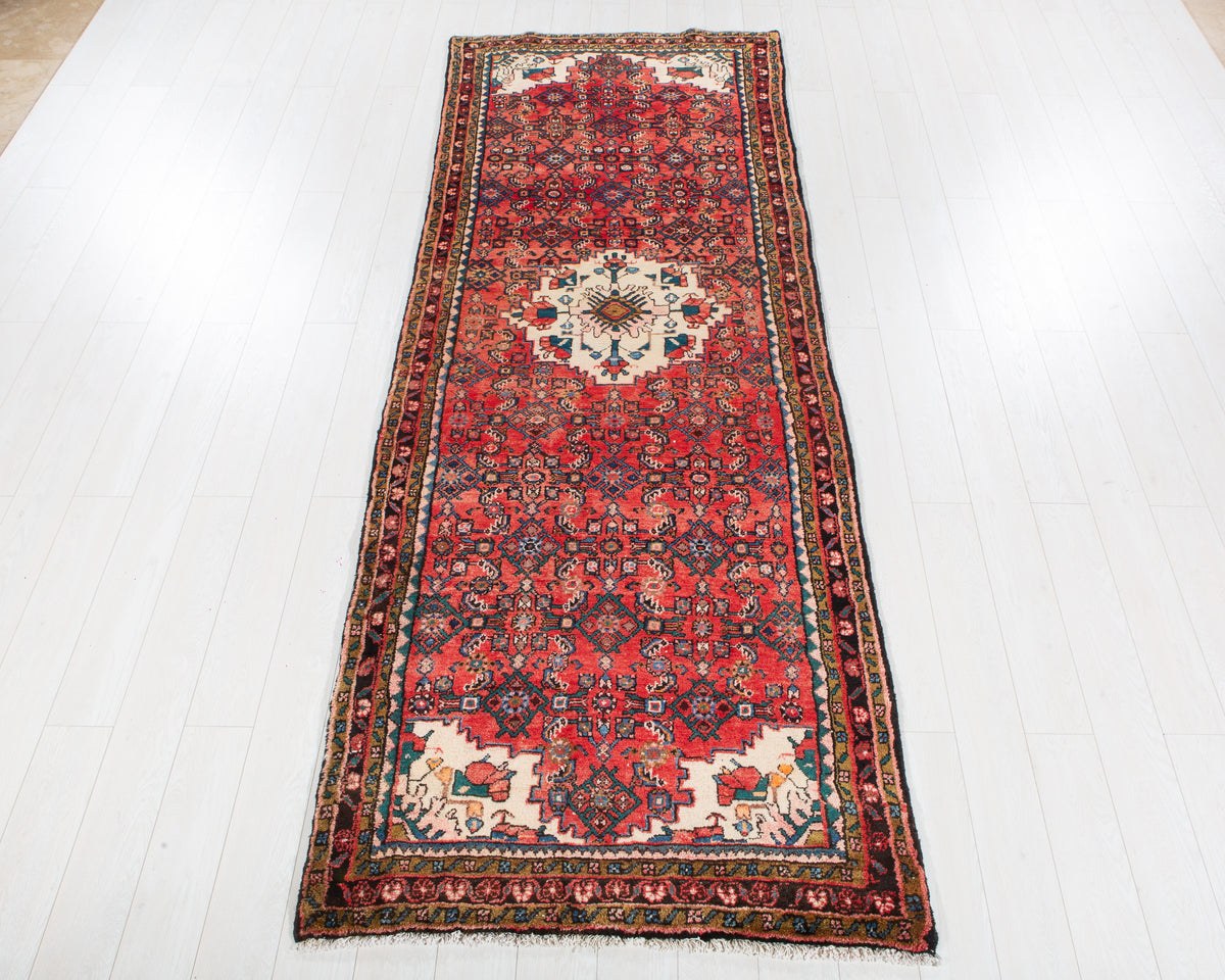 Vintage Red Geometric Area Rug – 10' 6" x 3' 10" (319 x 118 cm)