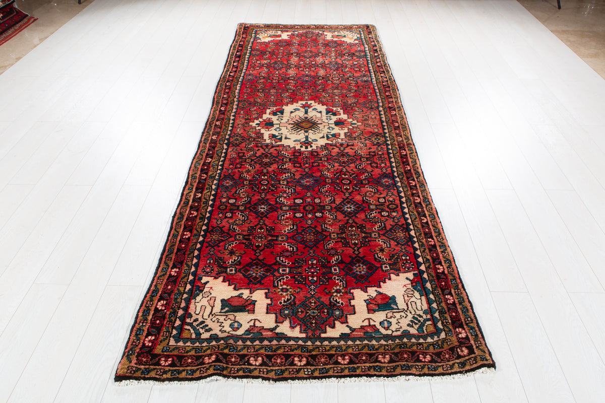 Vintage Red Geometric Area Rug – 10' 6" x 3' 10" (319 x 118 cm)
