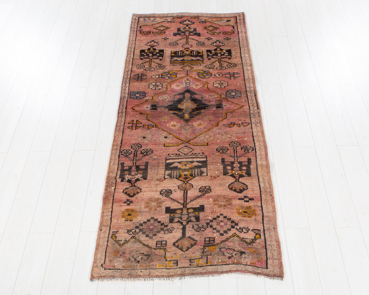 Collectible Antique Faded Peach Geometric Runner Rug – 8' 0" x 3' 4" (245 x 101 cm)