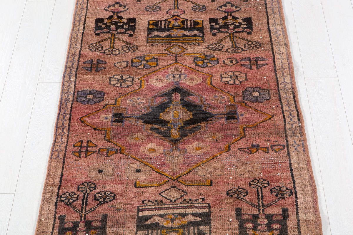 Collectible Antique Faded Peach Geometric Runner Rug – 8' 0" x 3' 4" (245 x 101 cm)