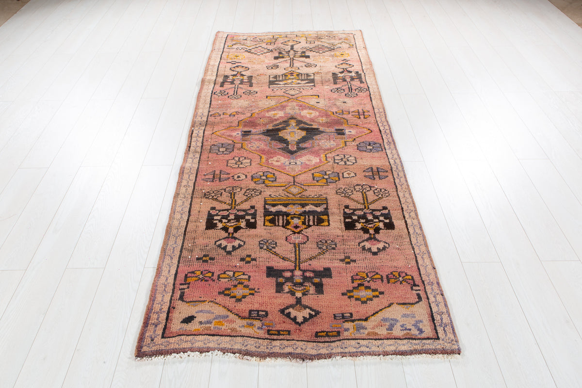 Collectible Antique Faded Peach Geometric Runner Rug – 8' 0" x 3' 4" (245 x 101 cm)