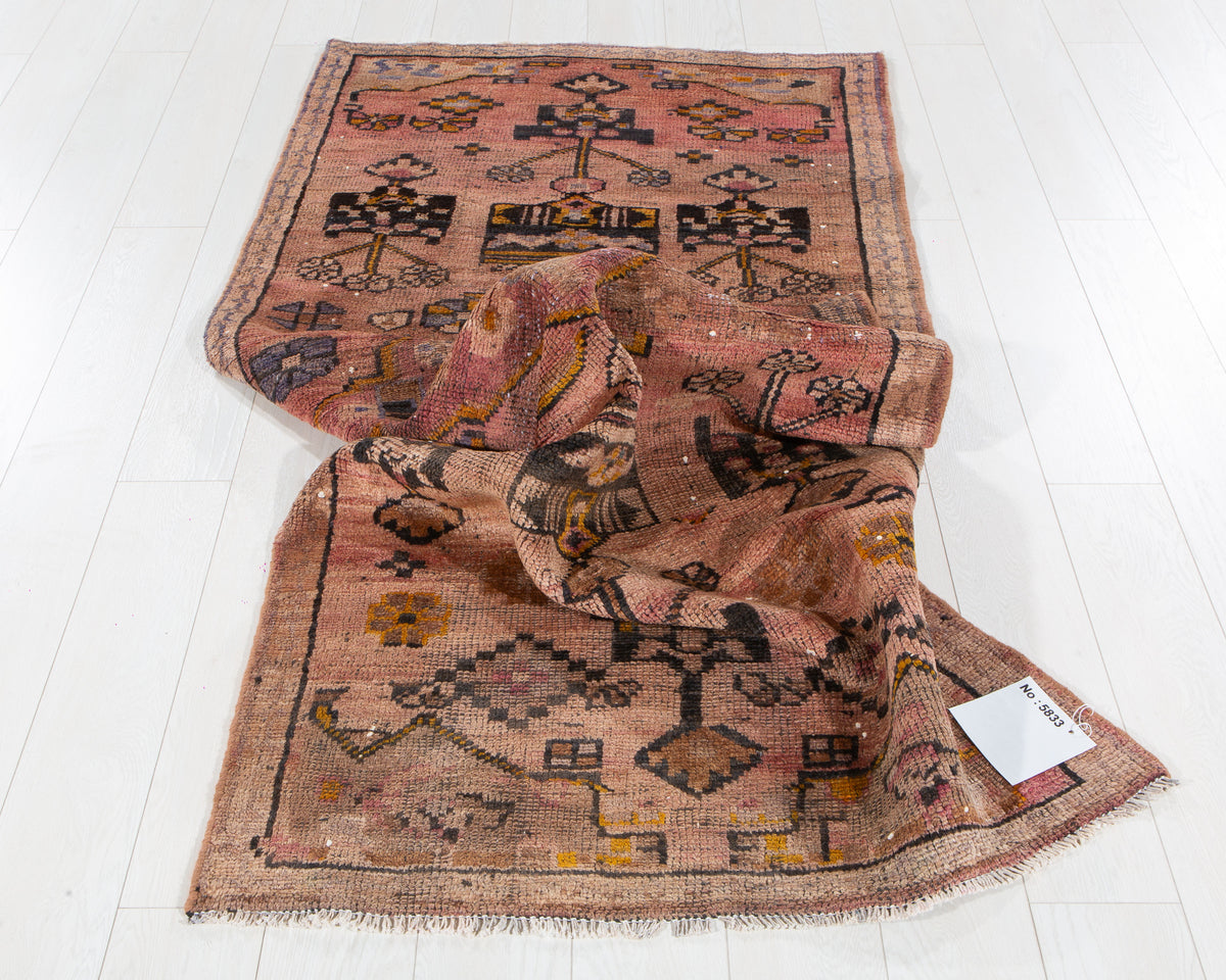 Collectible Antique Faded Peach Geometric Runner Rug – 8' 0" x 3' 4" (245 x 101 cm)