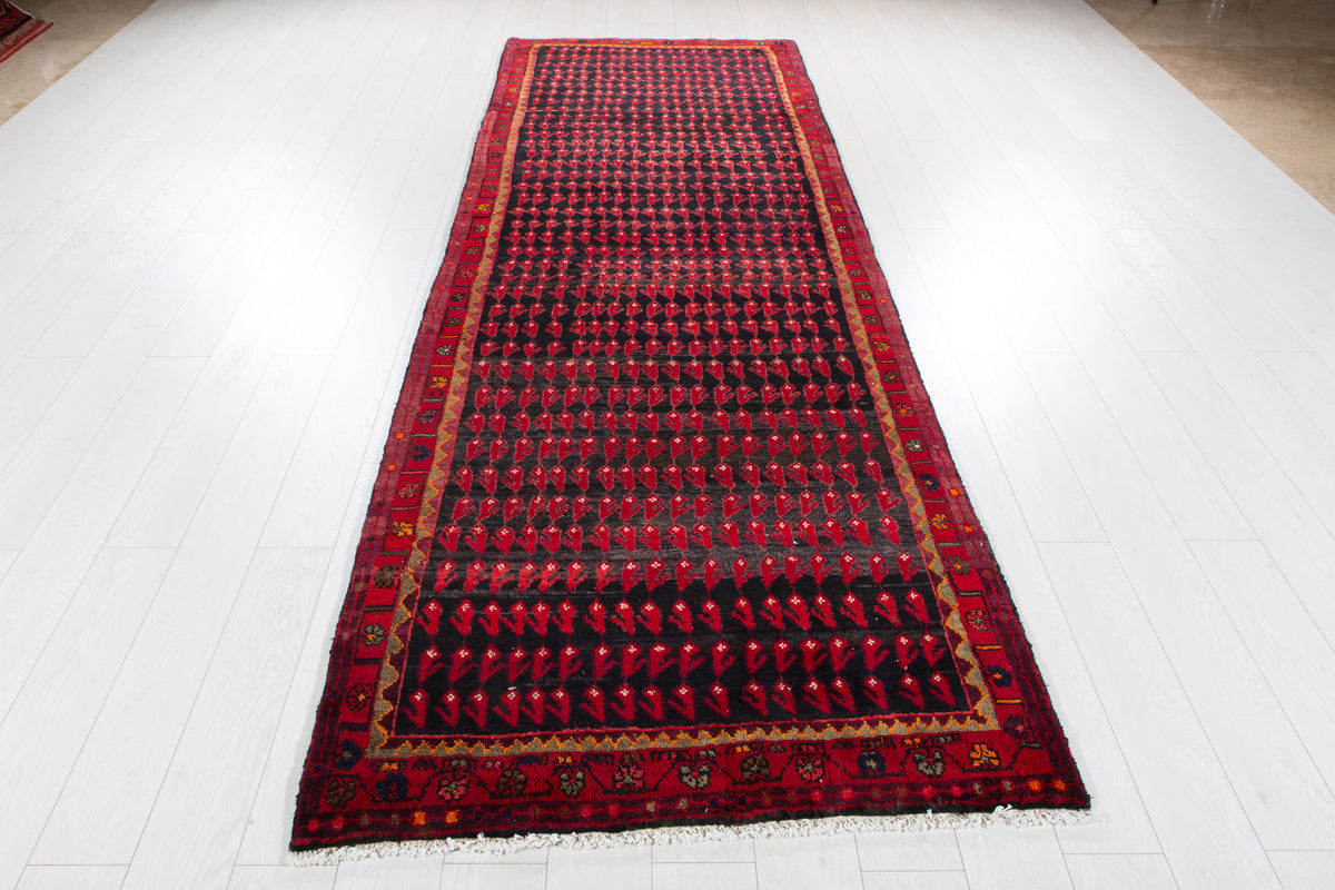Antique Deep Navy Blue Near-Black Geometric Area Rug – 11' 0" x 3' 10" (335 x 116 cm)