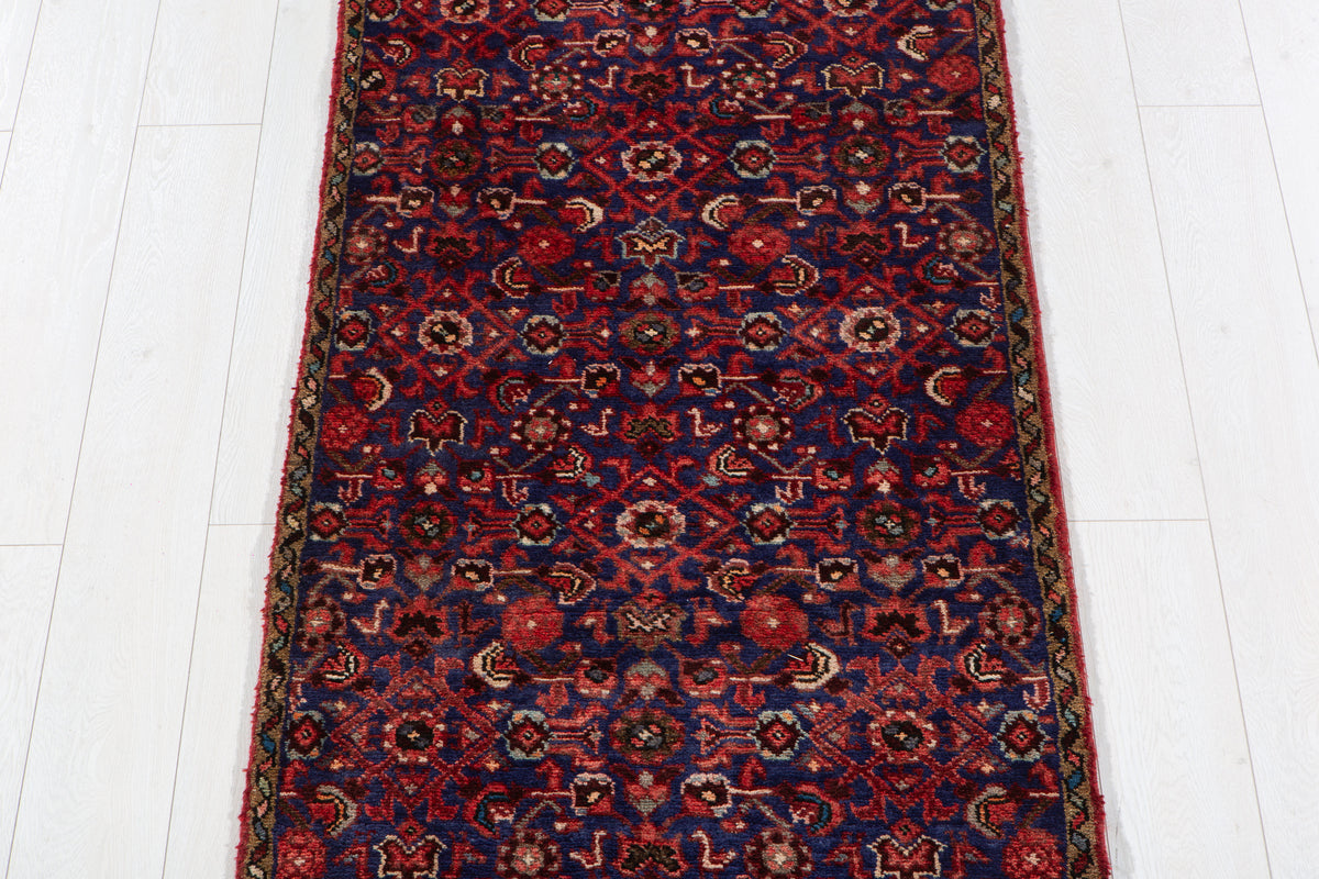 Antique Navy Blue Geometric Runner Rug – 9' 1" x 2' 7" (278 x 79 cm)