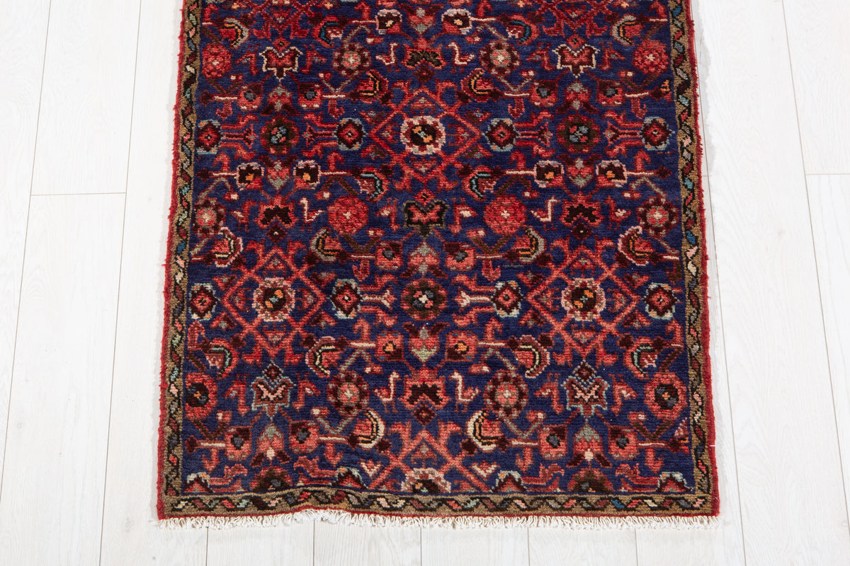Antique Navy Blue Geometric Runner Rug – 9' 1" x 2' 7" (278 x 79 cm)