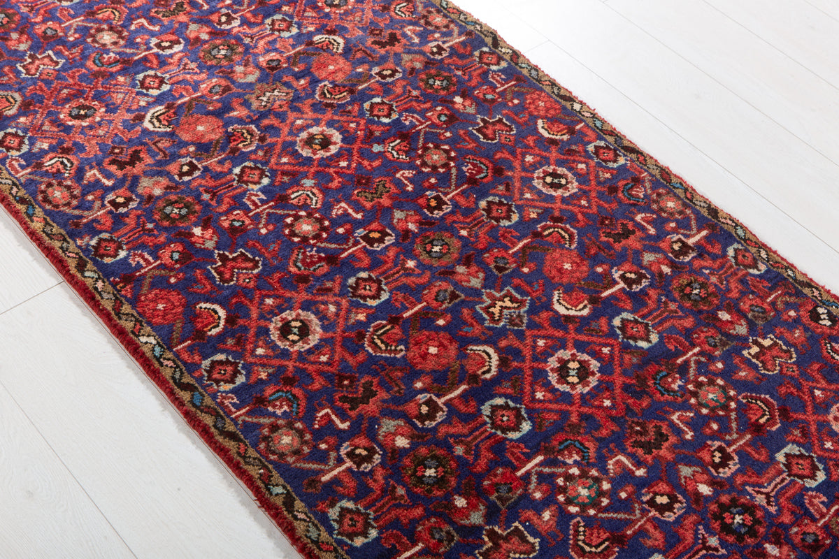 Antique Navy Blue Geometric Runner Rug – 9' 1" x 2' 7" (278 x 79 cm)