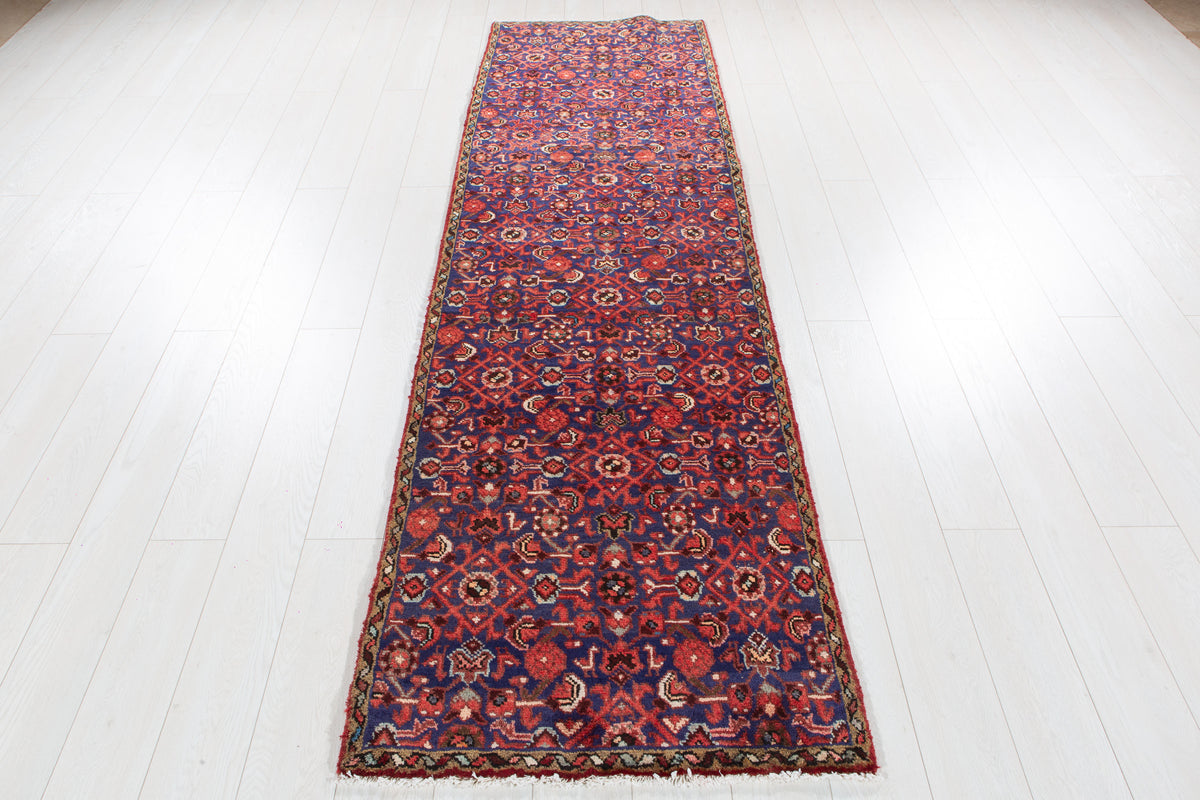 Antique Navy Blue Geometric Runner Rug – 9' 1" x 2' 7" (278 x 79 cm)