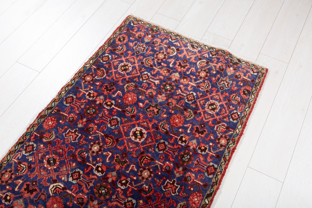 Antique Navy Blue Geometric Runner Rug – 9' 1" x 2' 7" (278 x 79 cm)