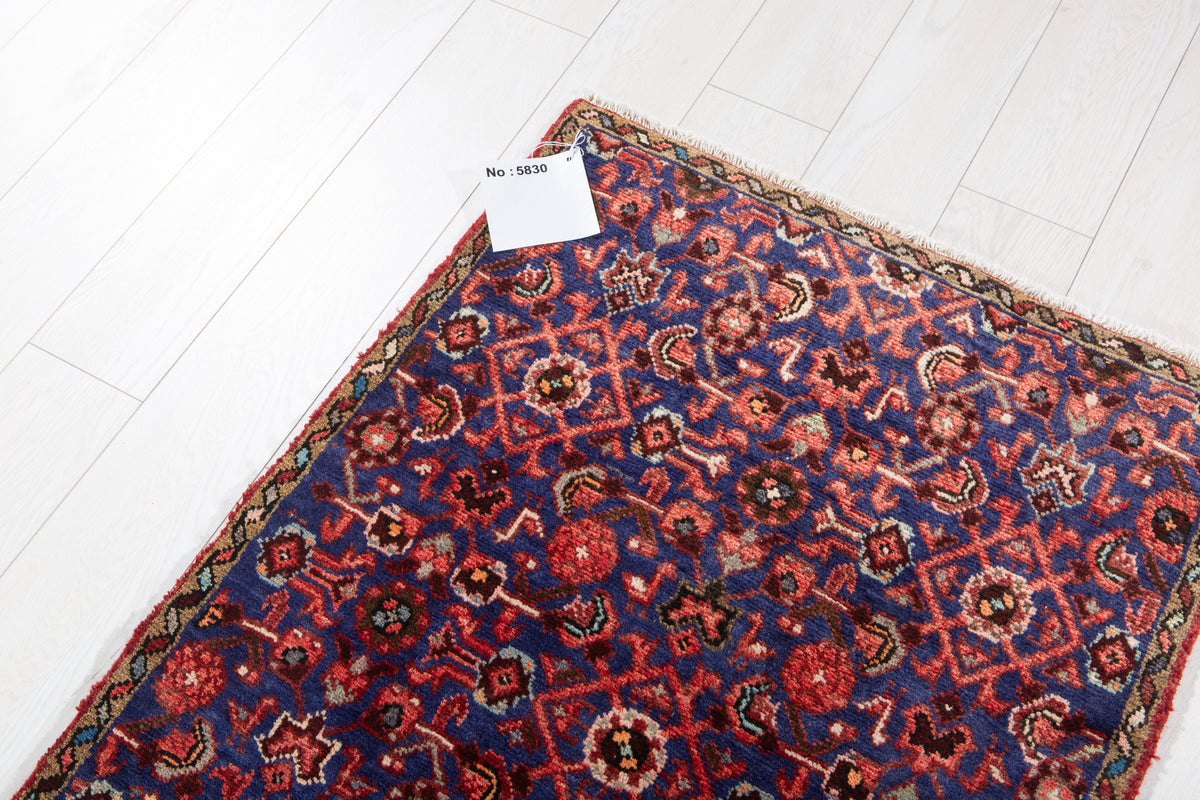 Antique Navy Blue Geometric Runner Rug – 9' 1" x 2' 7" (278 x 79 cm)