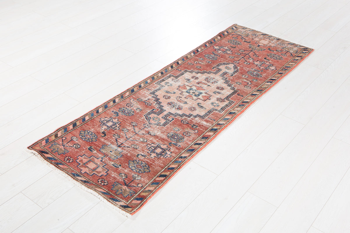 Antique Faded Red & Pink Geometric Runner Rug – 6' 1" x 2' 0" (185 x 61 cm)