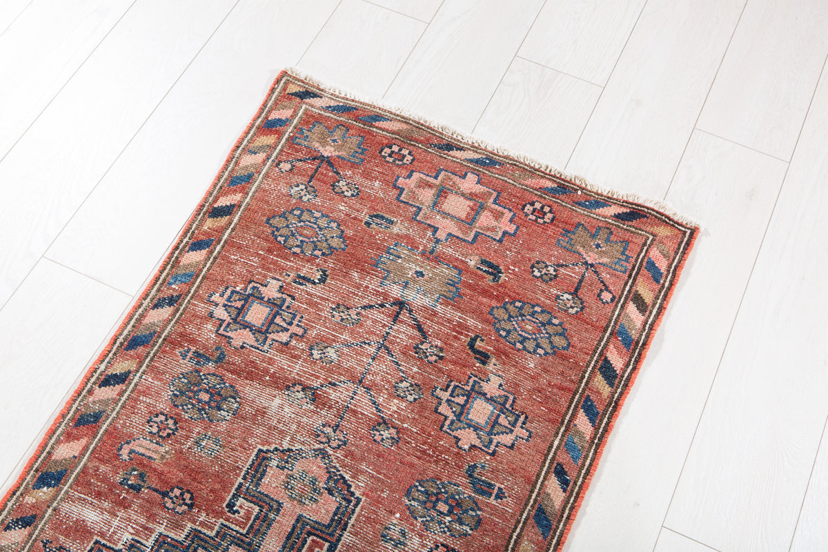Antique Faded Red & Pink Geometric Runner Rug – 6' 1" x 2' 0" (185 x 61 cm)