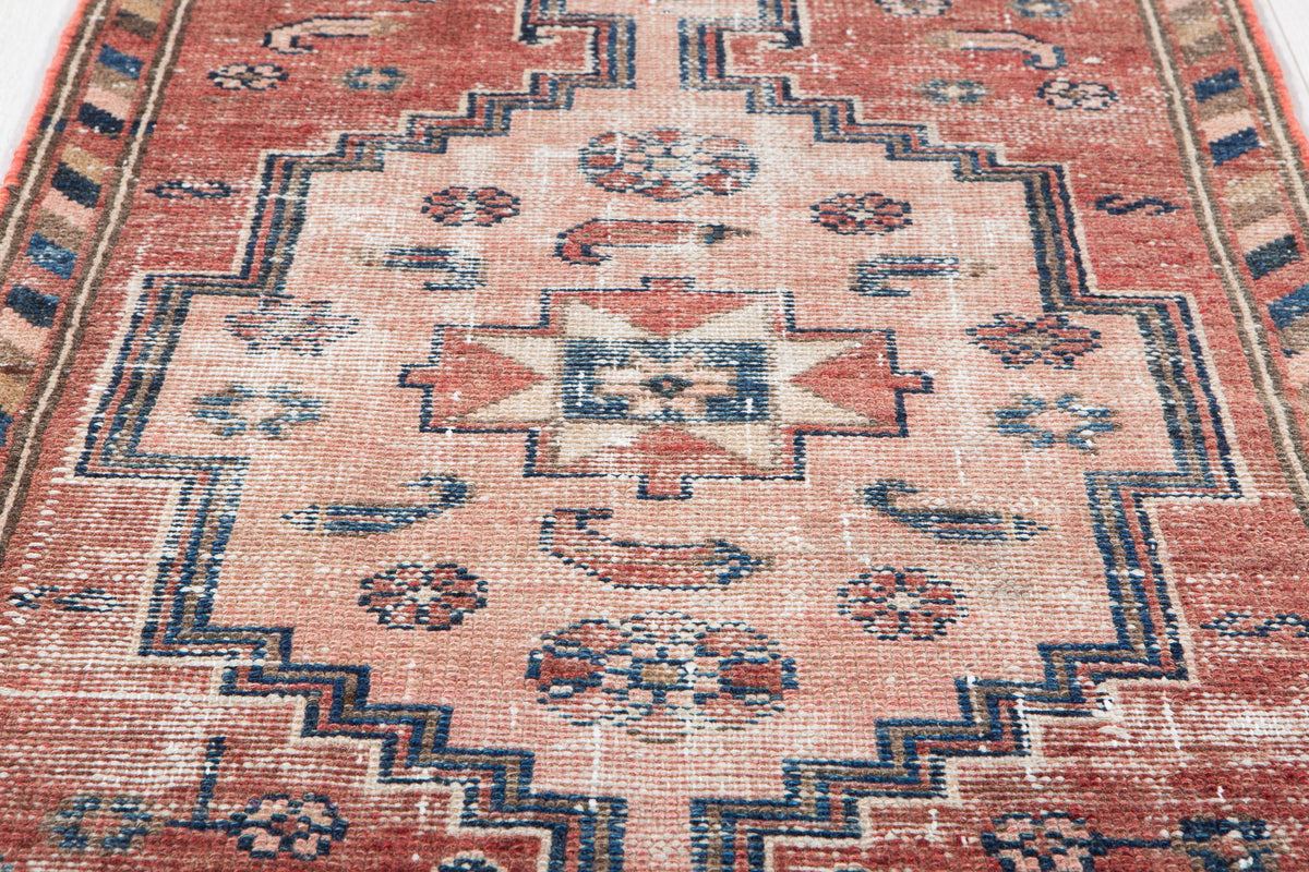 Antique Faded Red & Pink Geometric Runner Rug – 6' 1" x 2' 0" (185 x 61 cm)