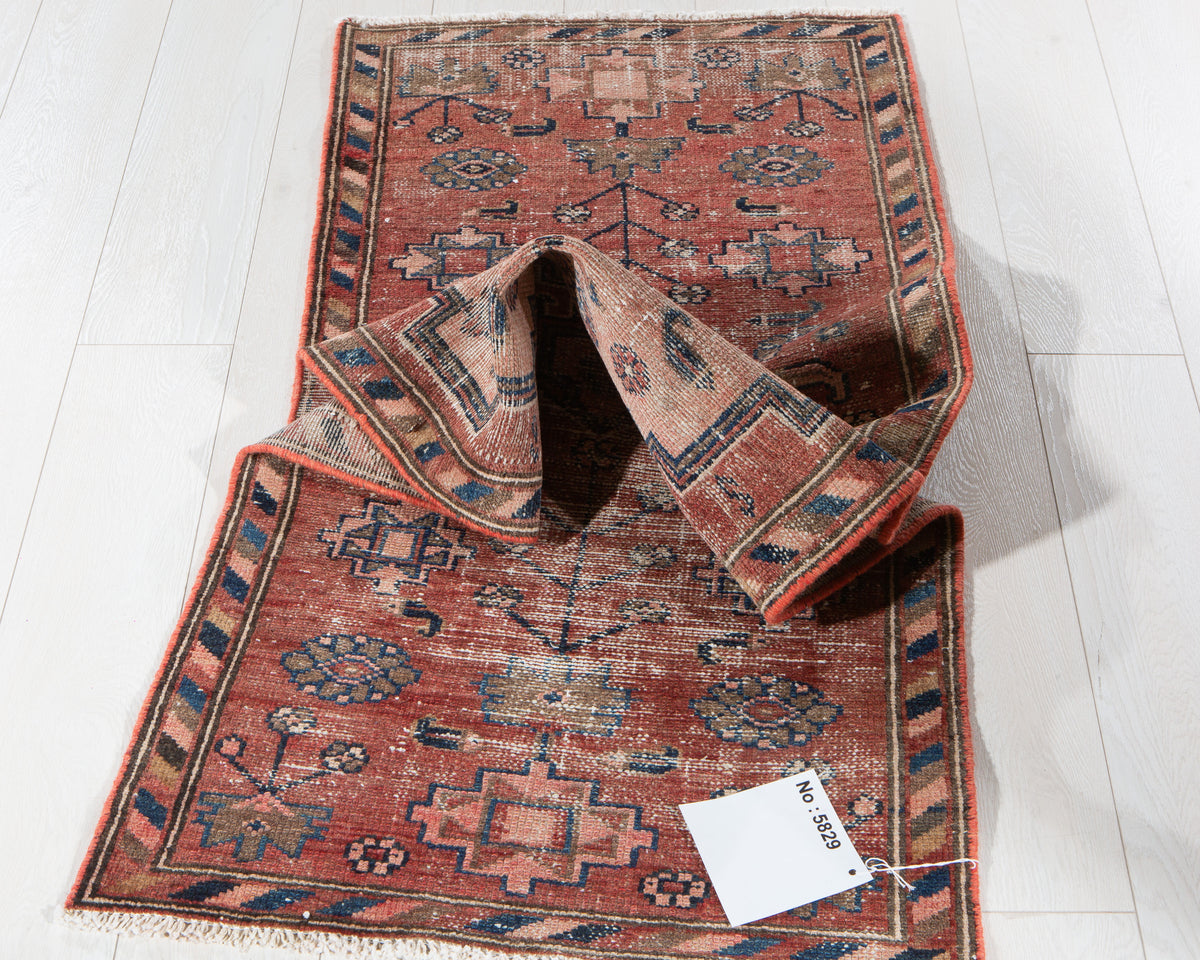 Antique Faded Red & Pink Geometric Runner Rug – 6' 1" x 2' 0" (185 x 61 cm)