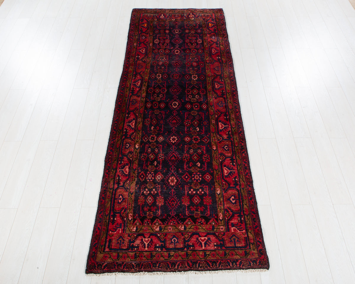 Antique Deep Navy Blue & Red Geometric Runner Rug – 9' 11" x 3' 7" (303 x 108 cm)