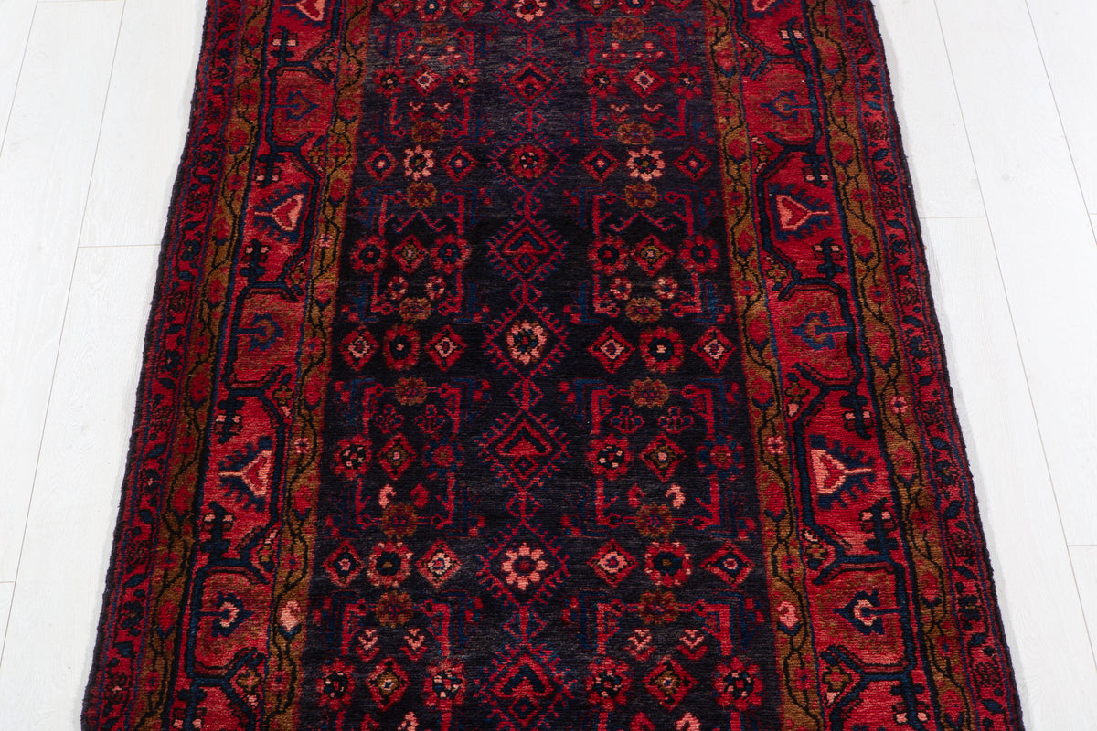Antique Deep Navy Blue & Red Geometric Runner Rug – 9' 11" x 3' 7" (303 x 108 cm)
