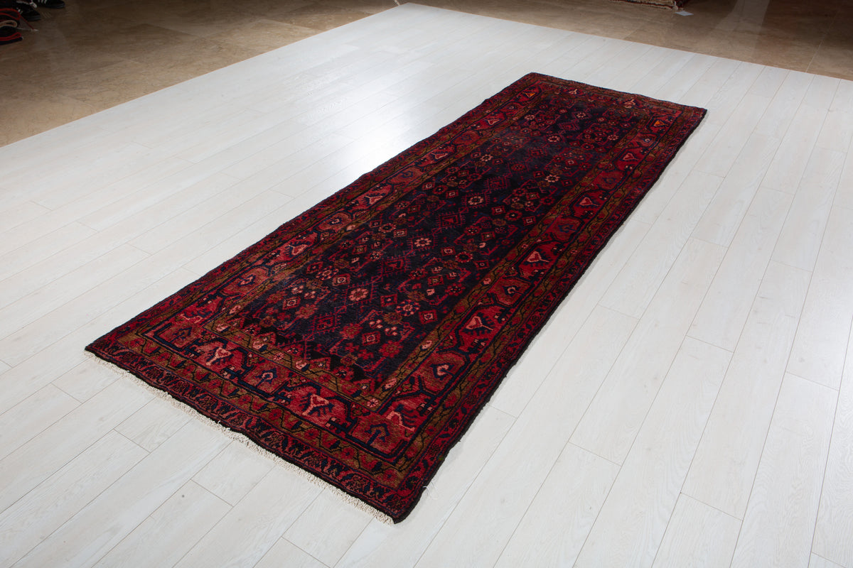 Antique Deep Navy Blue & Red Geometric Runner Rug – 9' 11" x 3' 7" (303 x 108 cm)