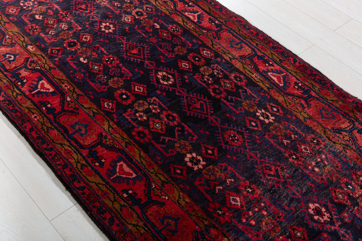 Antique Deep Navy Blue & Red Geometric Runner Rug – 9' 11" x 3' 7" (303 x 108 cm)