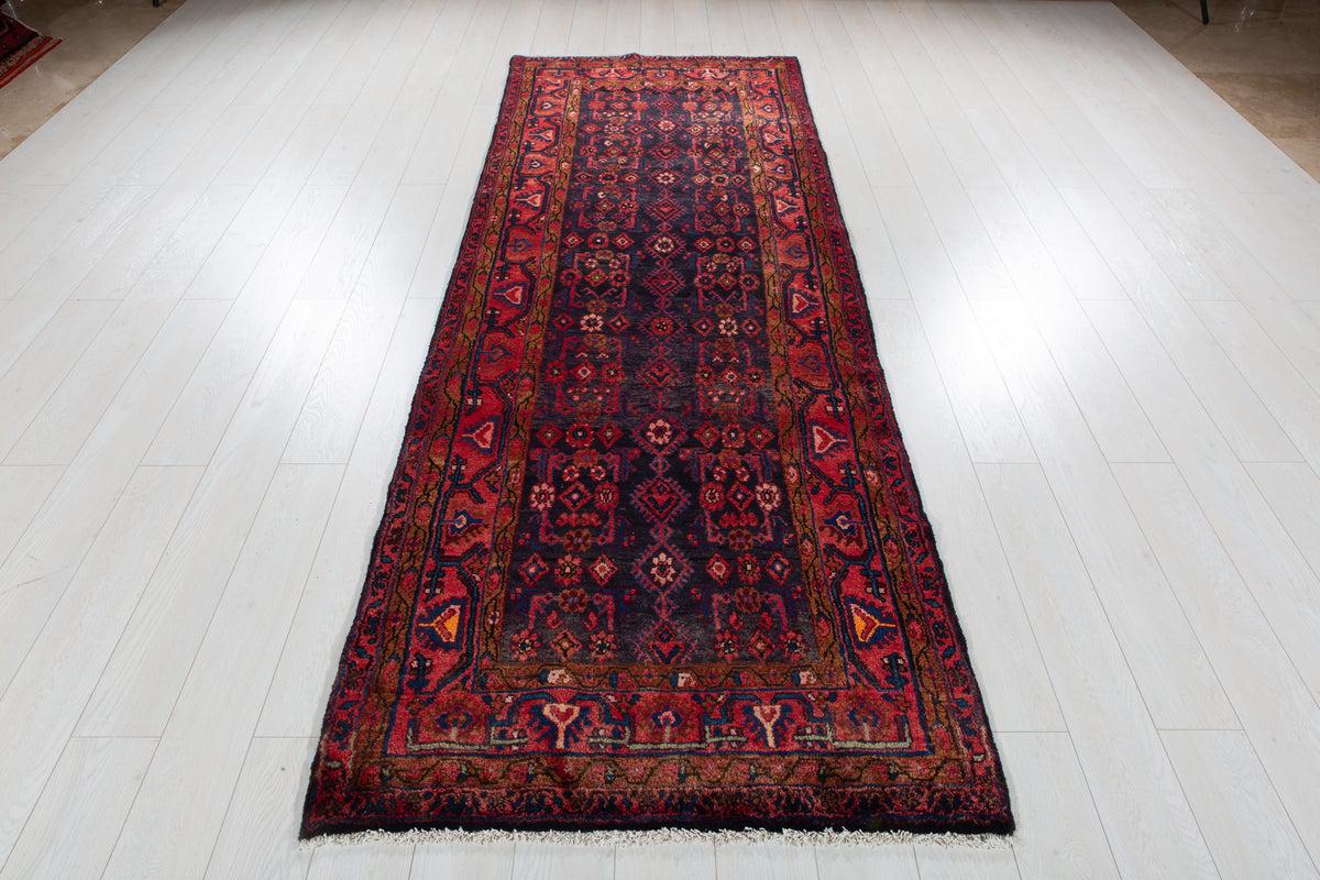 Antique Deep Navy Blue & Red Geometric Runner Rug – 9' 11" x 3' 7" (303 x 108 cm)