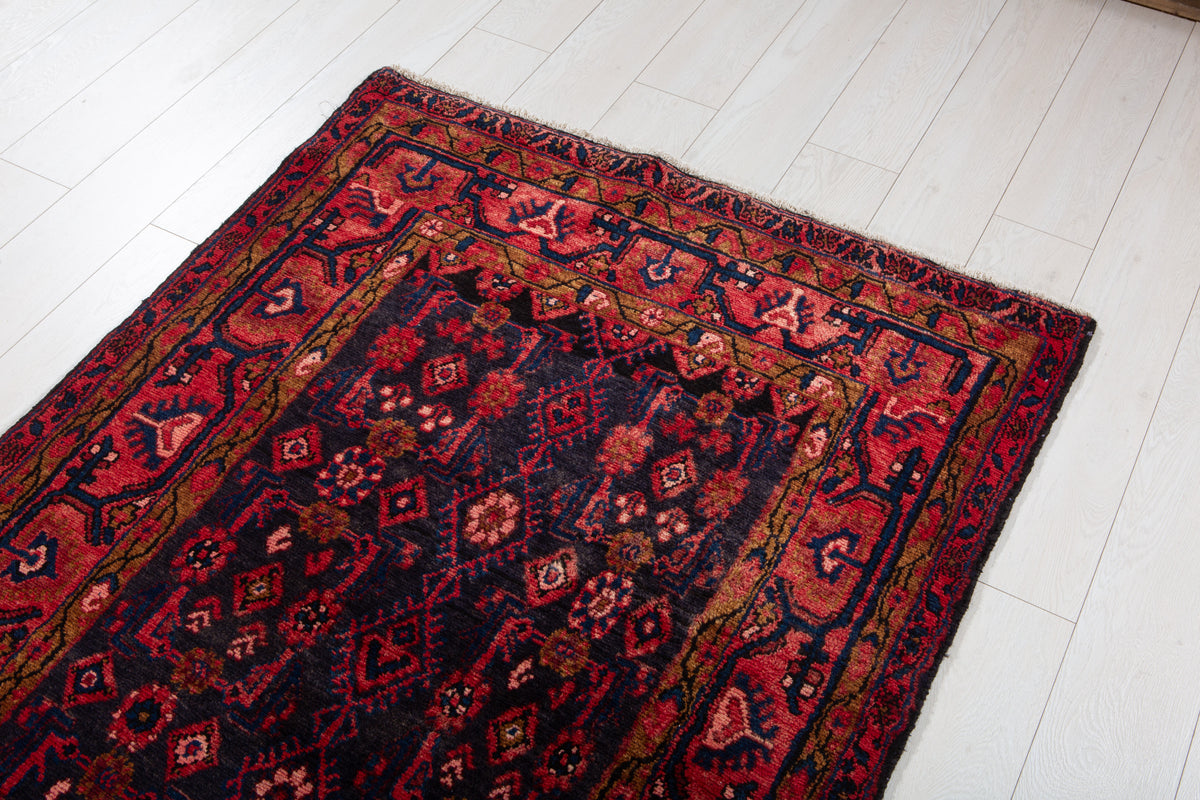 Antique Deep Navy Blue & Red Geometric Runner Rug – 9' 11" x 3' 7" (303 x 108 cm)