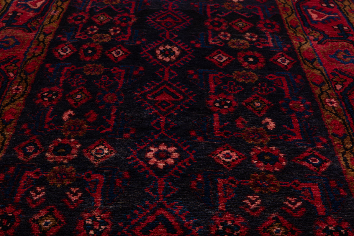 Antique Deep Navy Blue & Red Geometric Runner Rug – 9' 11" x 3' 7" (303 x 108 cm)
