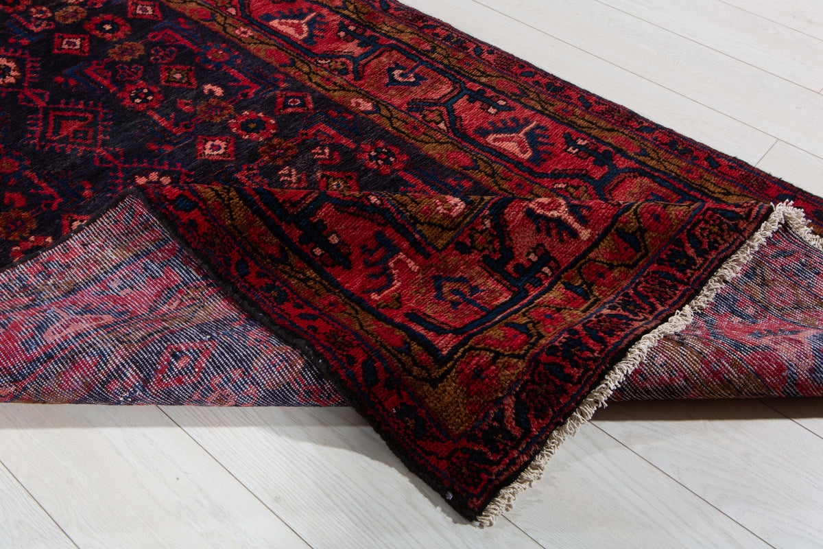 Antique Deep Navy Blue & Red Geometric Runner Rug – 9' 11" x 3' 7" (303 x 108 cm)