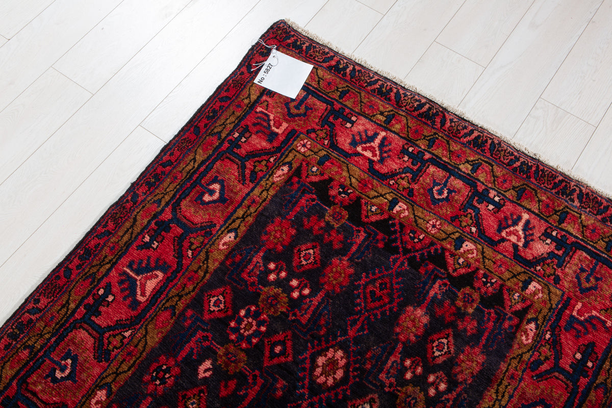 Antique Deep Navy Blue & Red Geometric Runner Rug – 9' 11" x 3' 7" (303 x 108 cm)