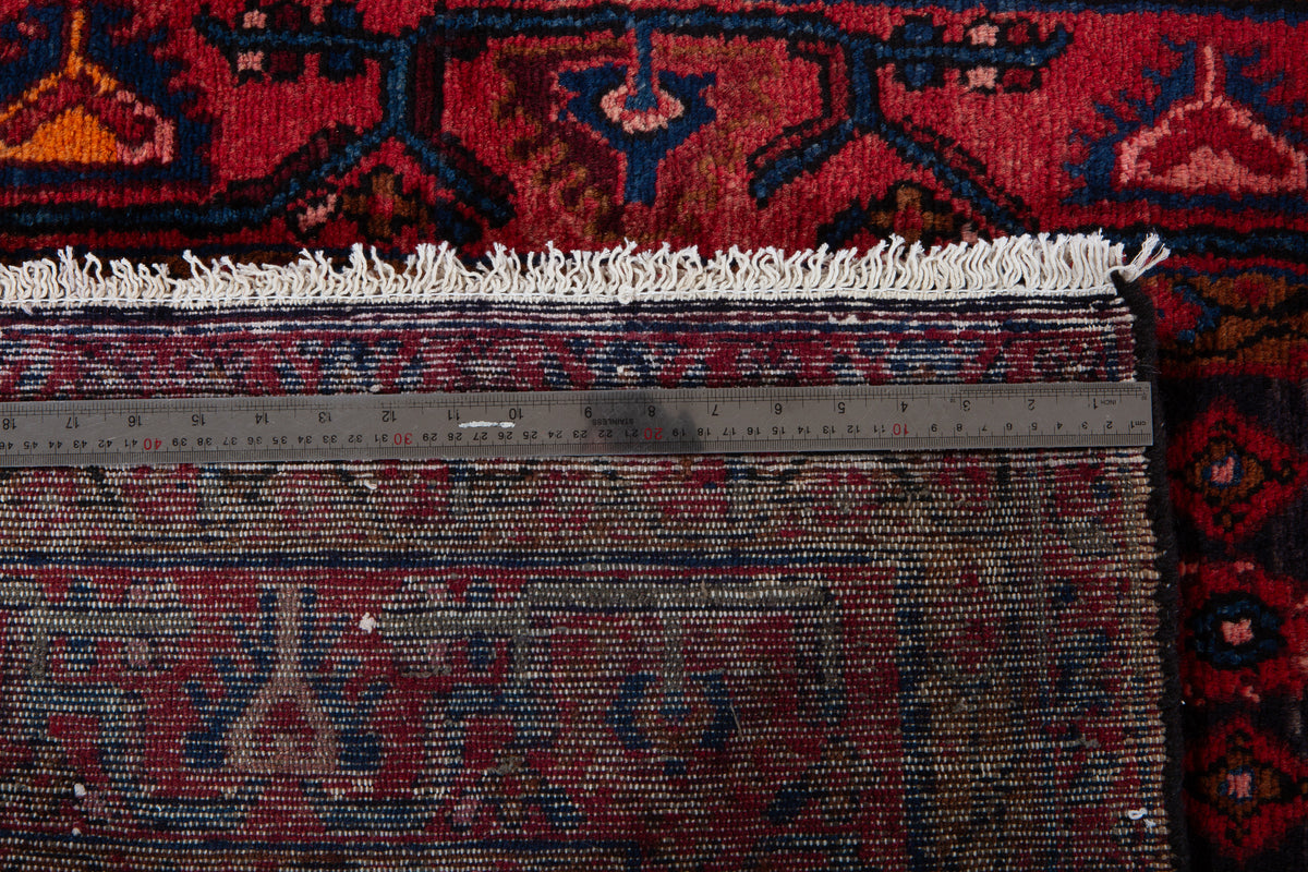 Antique Deep Navy Blue & Red Geometric Runner Rug – 9' 11" x 3' 7" (303 x 108 cm)