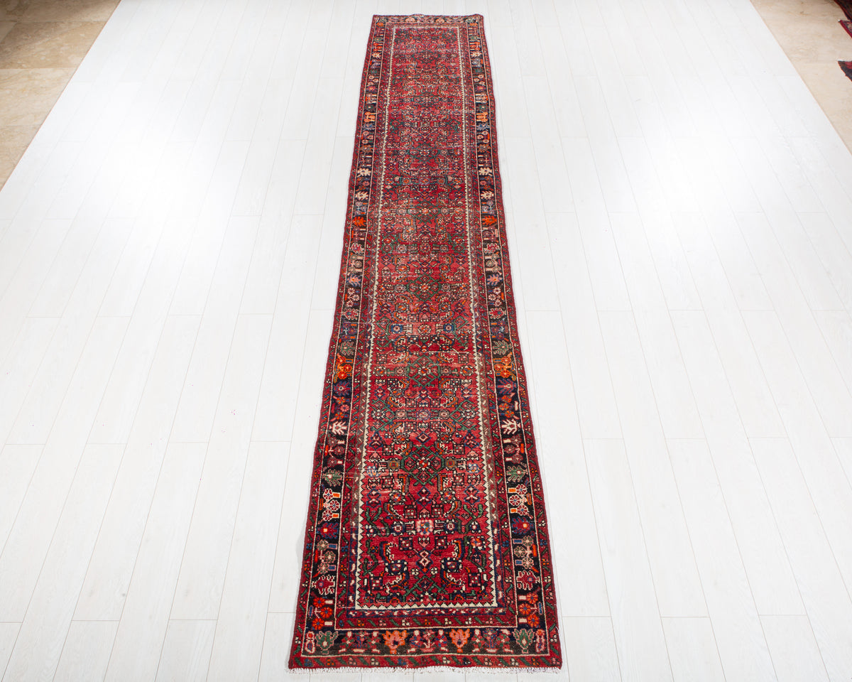 Antique Red Geometric Runner Rug – 12' 10" x 2' 5" (392 x 73 cm)