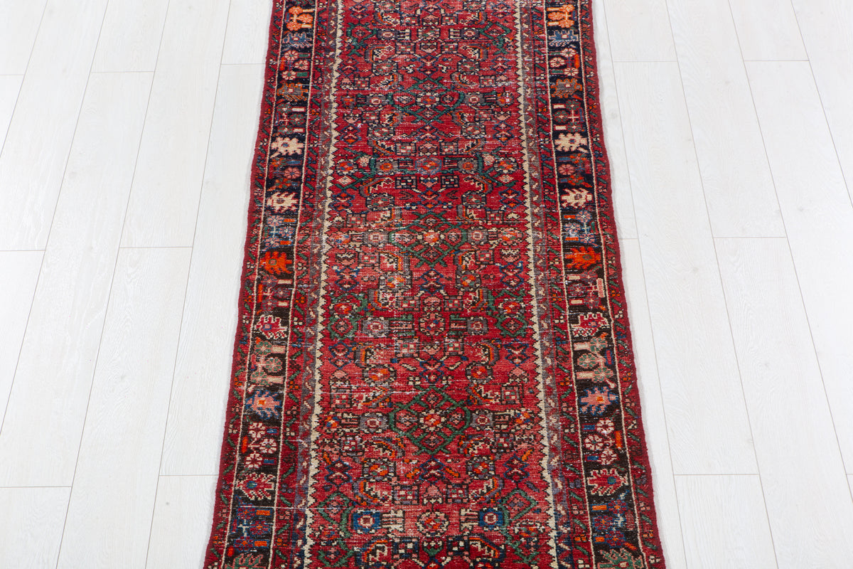 Antique Red Geometric Runner Rug – 12' 10" x 2' 5" (392 x 73 cm)