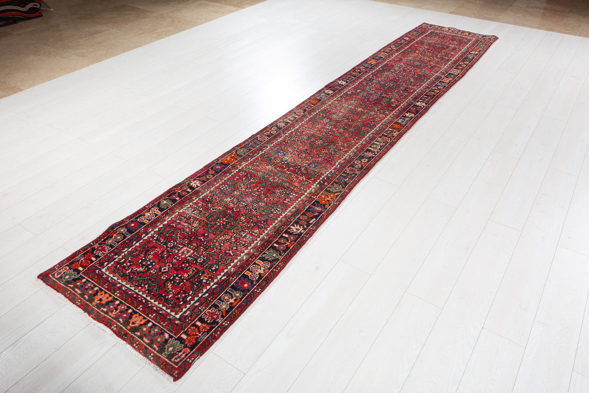 Antique Red Geometric Runner Rug – 12' 10" x 2' 5" (392 x 73 cm)