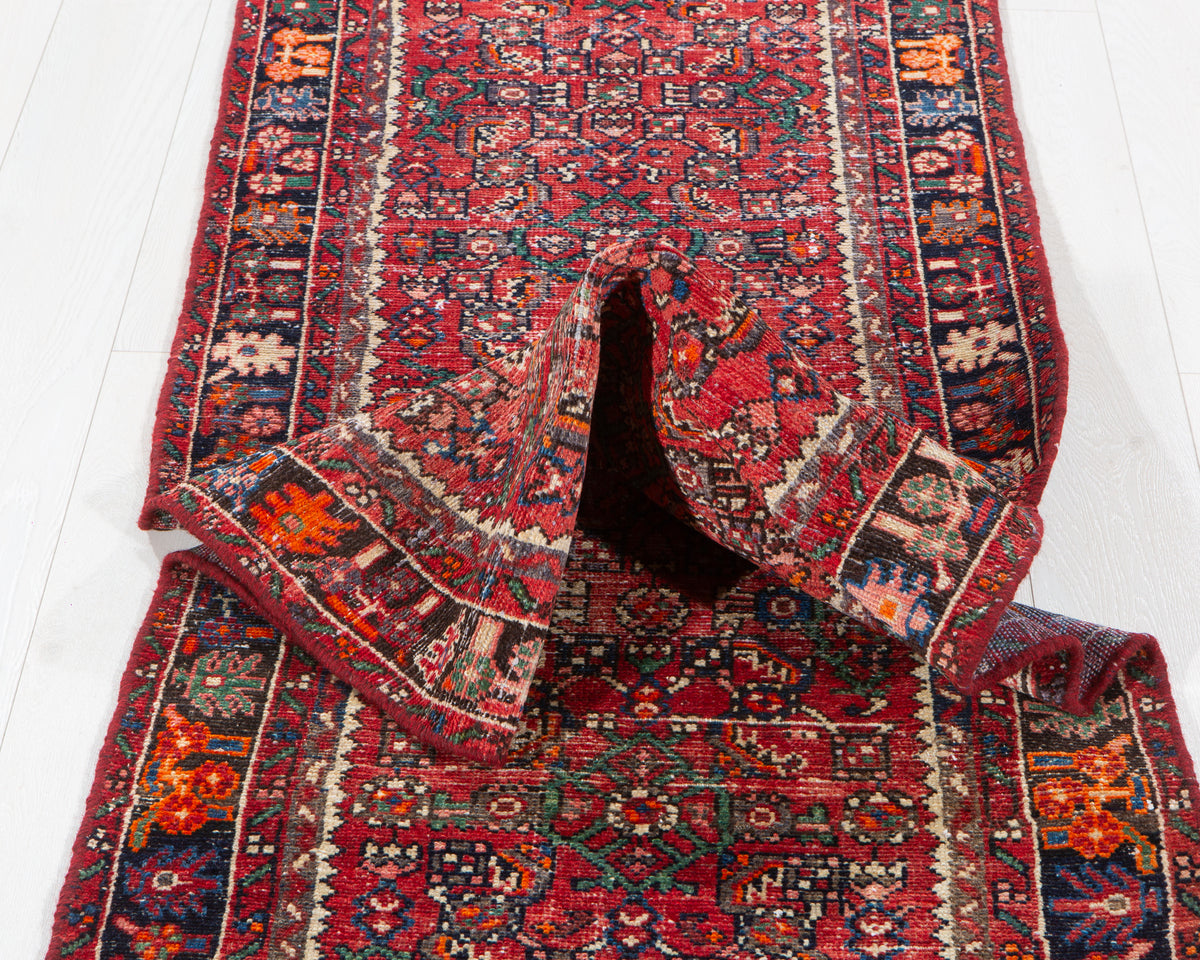Antique Red Geometric Runner Rug – 12' 10" x 2' 5" (392 x 73 cm)