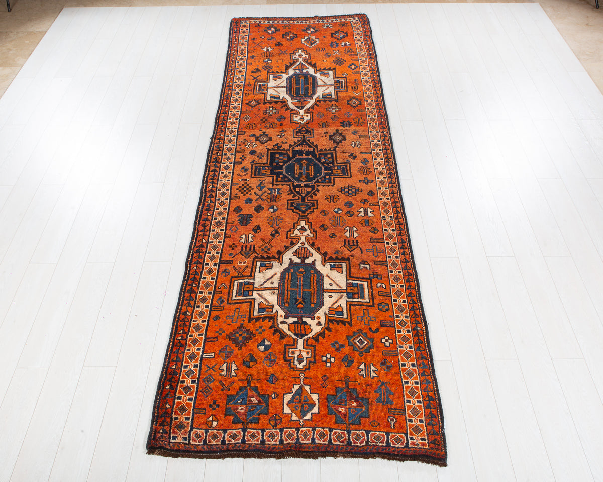 Antique Orange Rust Geometric Runner Rug – 12' 4" x 3' 9" (375 x 115 cm)