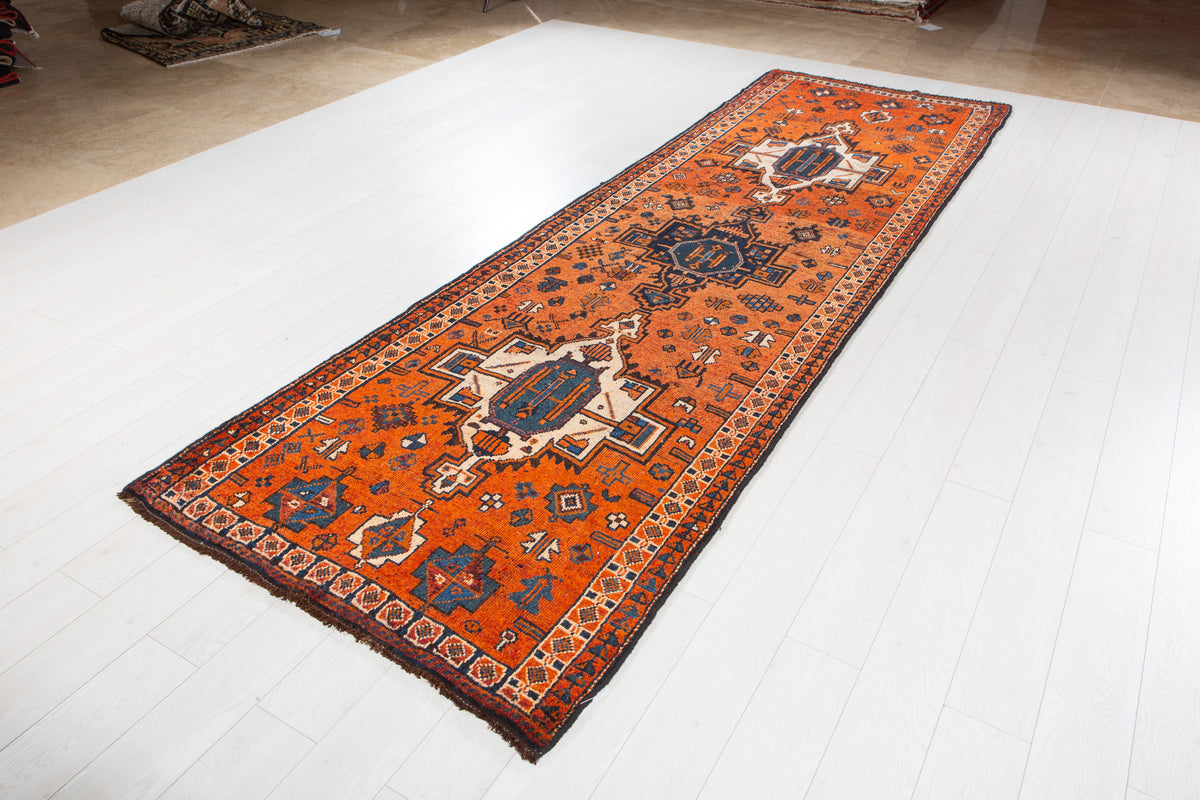 Antique Orange Rust Geometric Runner Rug – 12' 4" x 3' 9" (375 x 115 cm)