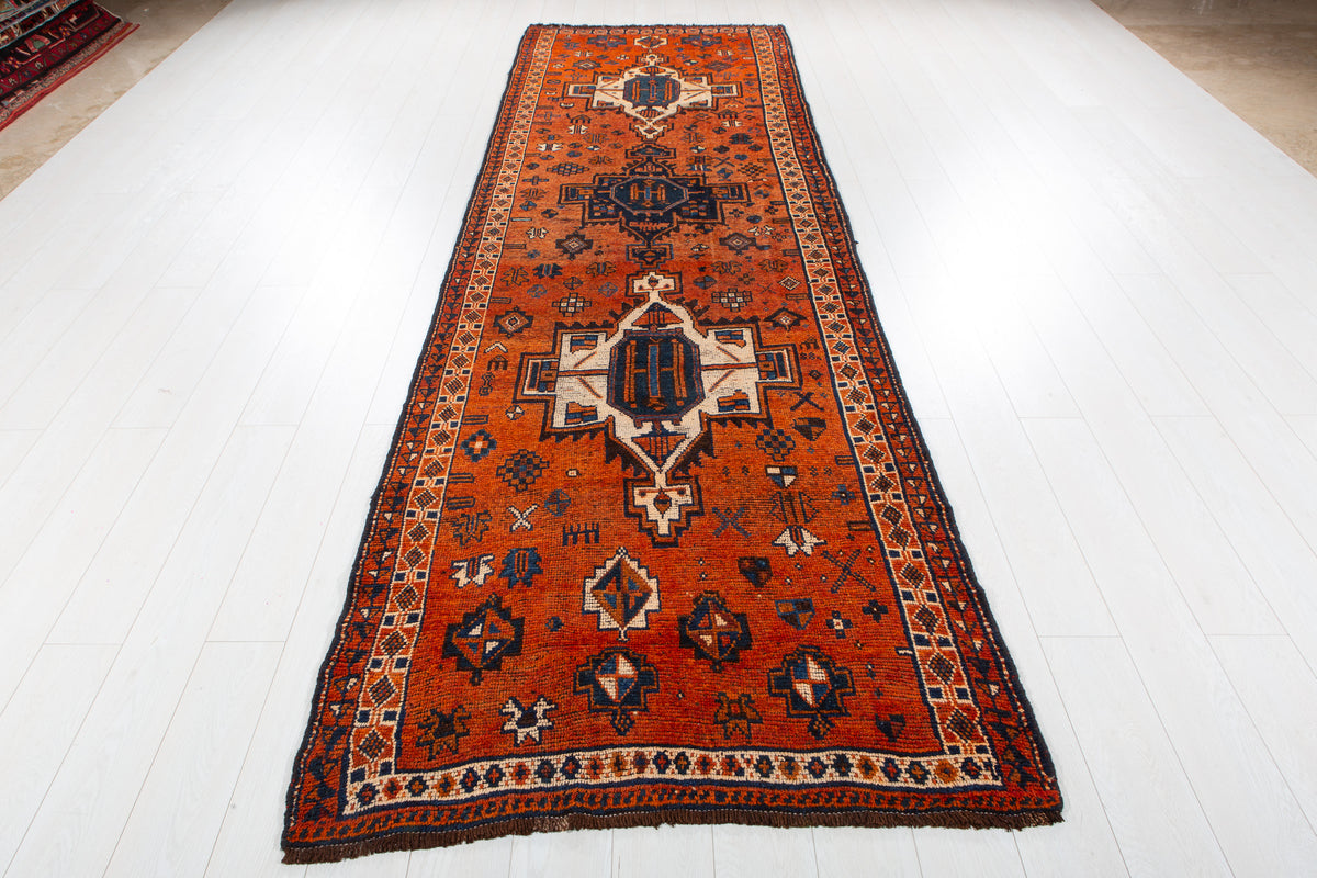 Antique Orange Rust Geometric Runner Rug – 12' 4" x 3' 9" (375 x 115 cm)