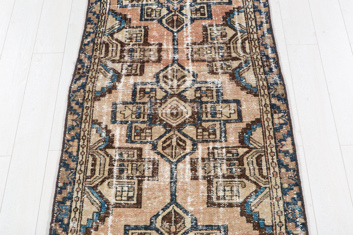 Antique Faded Peach Geometric Runner Rug – 9' 1" x 3' 1" (278 x 93 cm)