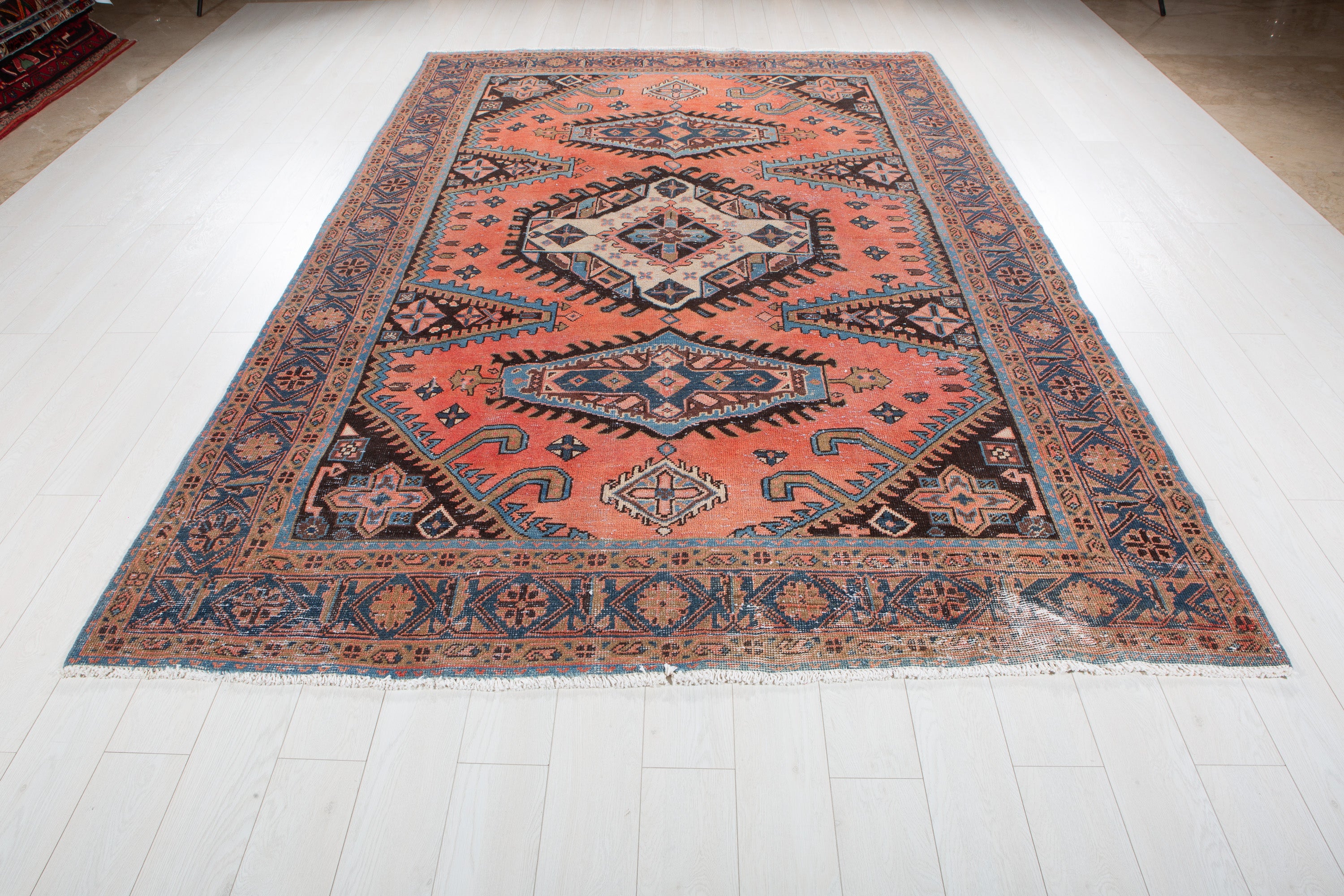 Collectible Vintage Orange-Red Geometric Rug – 10' 6" x 7' 1" (320 x 216 cm)