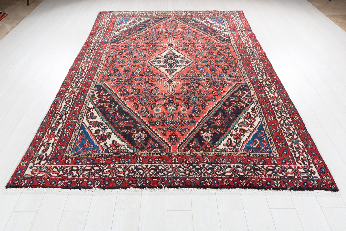 Vintage Bright Red Geometric Rug – 9' 6" x 6' 8" (289 x 202 cm)