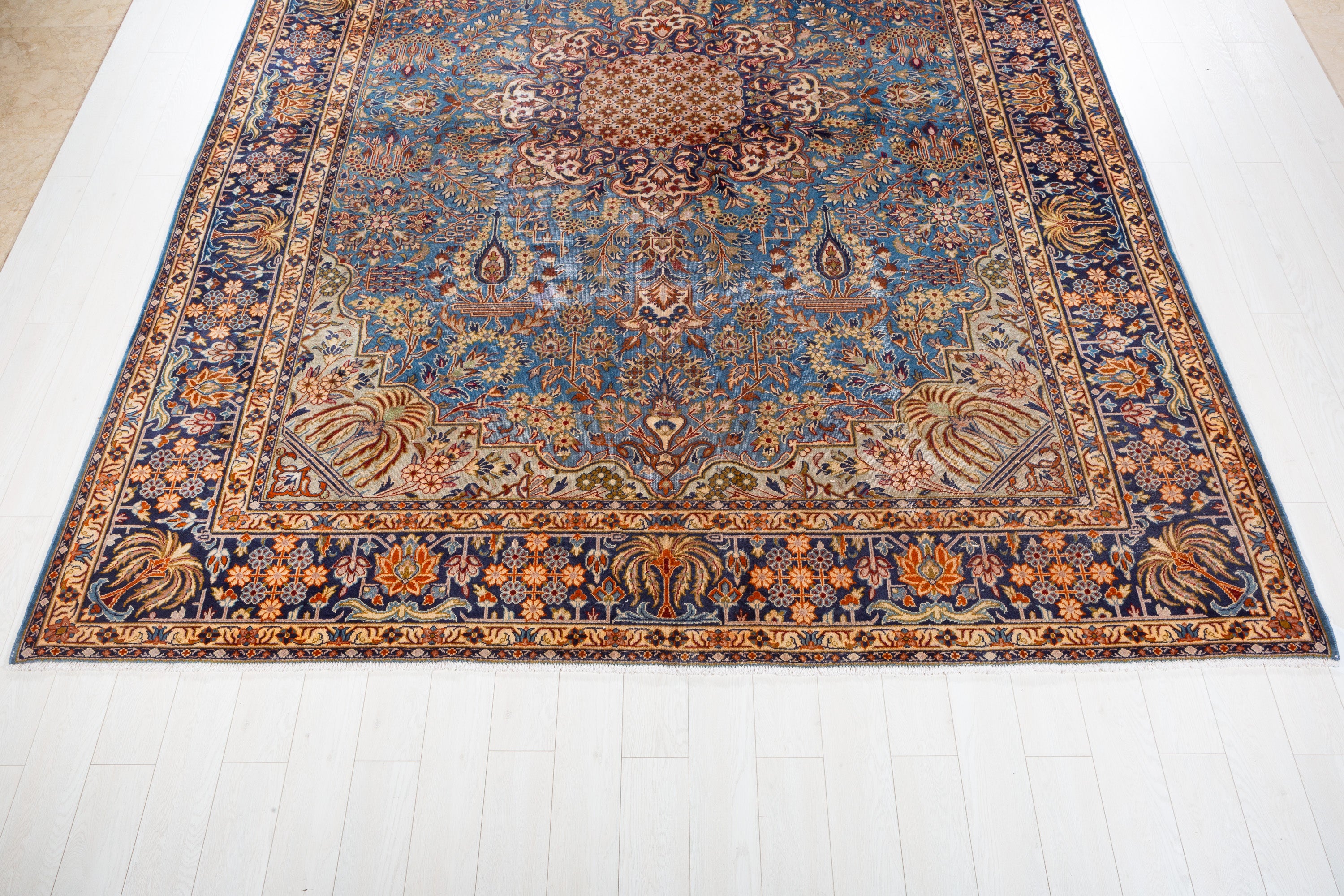 Collectible Vintage Turquoise Blue and Navy Blue Floral Rug – 12' 9" x 9' 10" (388 x 300 cm)