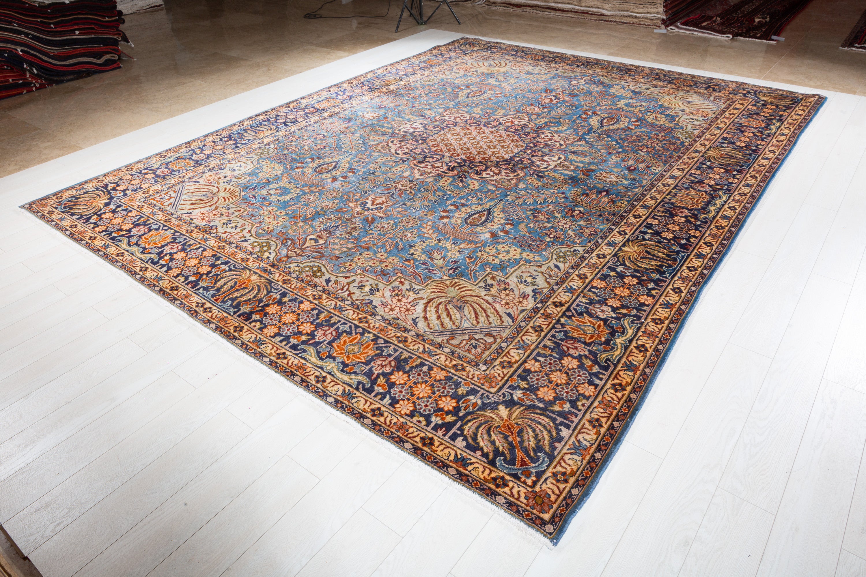 Collectible Vintage Turquoise Blue and Navy Blue Floral Rug – 12' 9" x 9' 10" (388 x 300 cm)