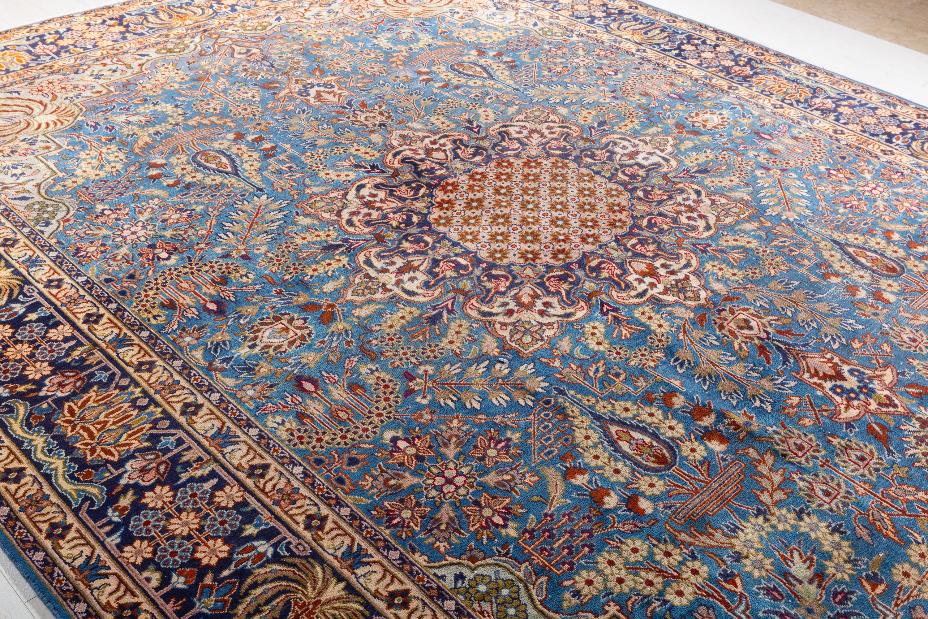 Collectible Vintage Turquoise Blue and Navy Blue Floral Rug – 12' 9" x 9' 10" (388 x 300 cm)