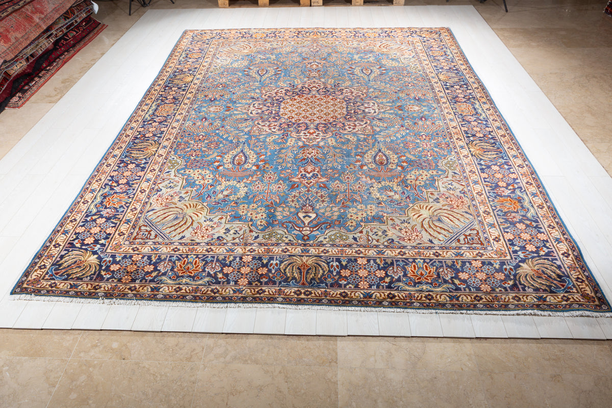 Collectible Vintage Turquoise Blue and Navy Blue Floral Rug – 12' 9" x 9' 10" (388 x 300 cm)
