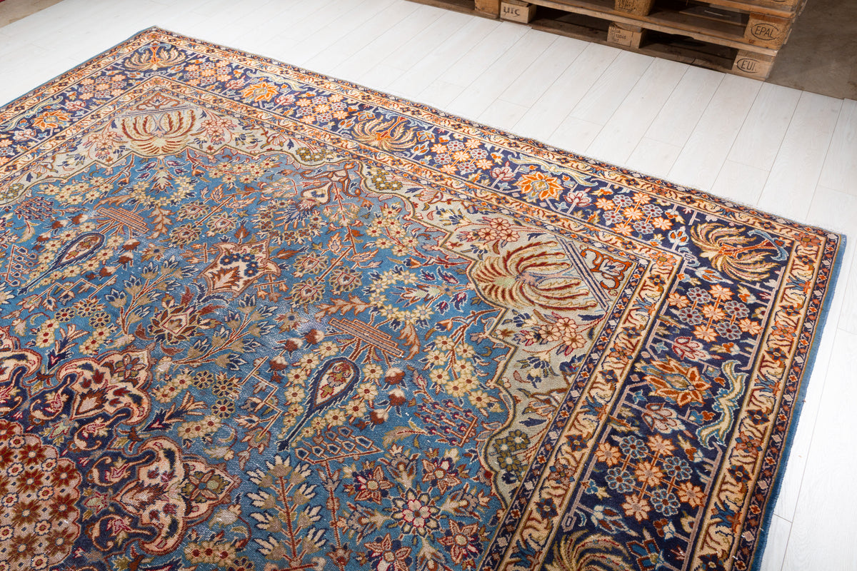 Collectible Vintage Turquoise Blue and Navy Blue Floral Rug – 12' 9" x 9' 10" (388 x 300 cm)