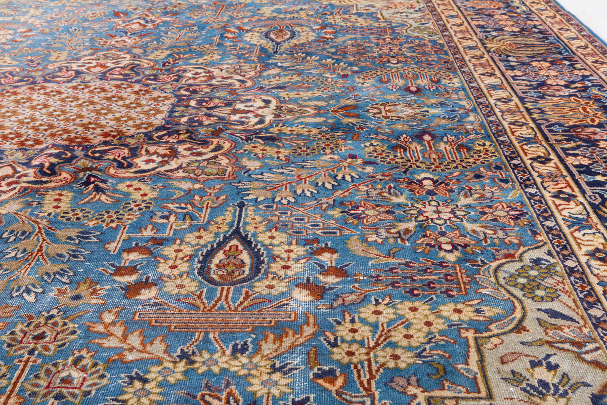 Collectible Vintage Turquoise Blue and Navy Blue Floral Rug – 12' 9" x 9' 10" (388 x 300 cm)