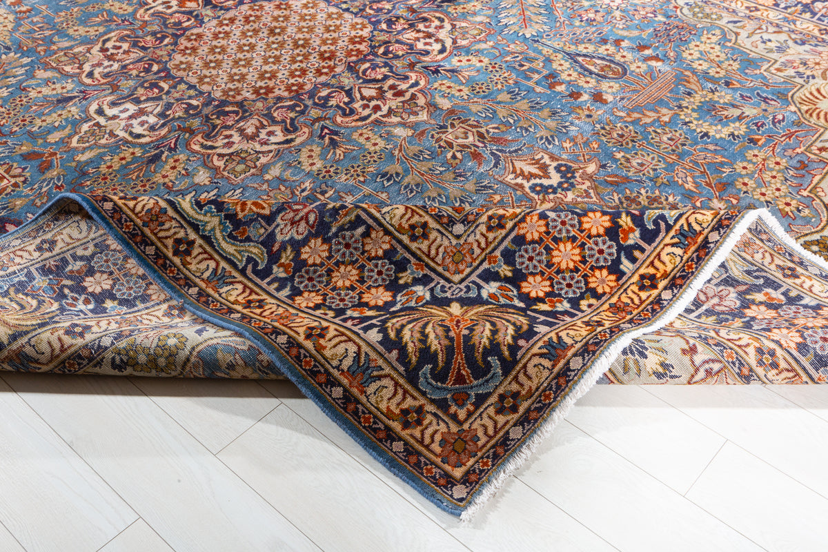 Collectible Vintage Turquoise Blue and Navy Blue Floral Rug – 12' 9" x 9' 10" (388 x 300 cm)