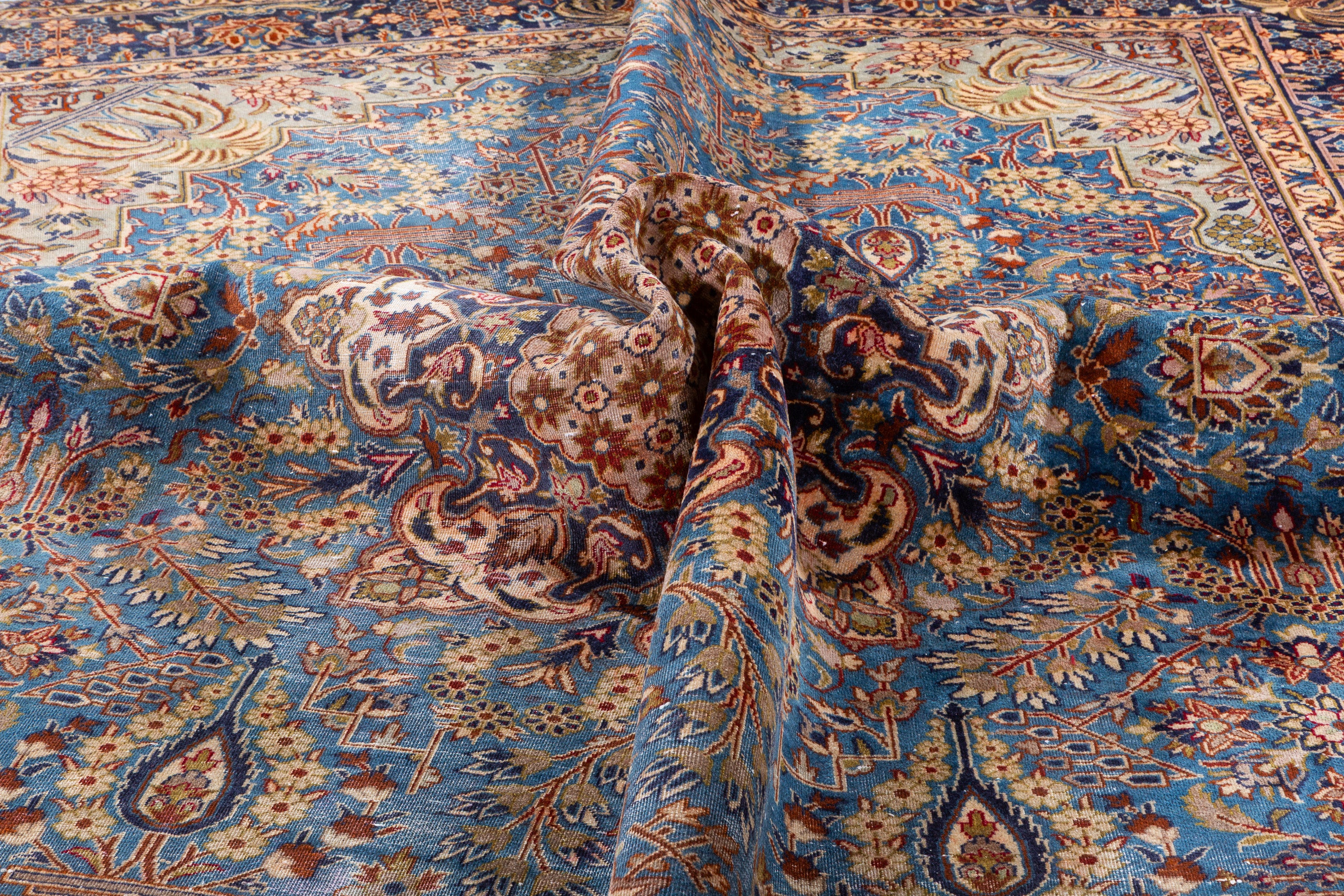 Collectible Vintage Turquoise Blue and Navy Blue Floral Rug – 12' 9" x 9' 10" (388 x 300 cm)