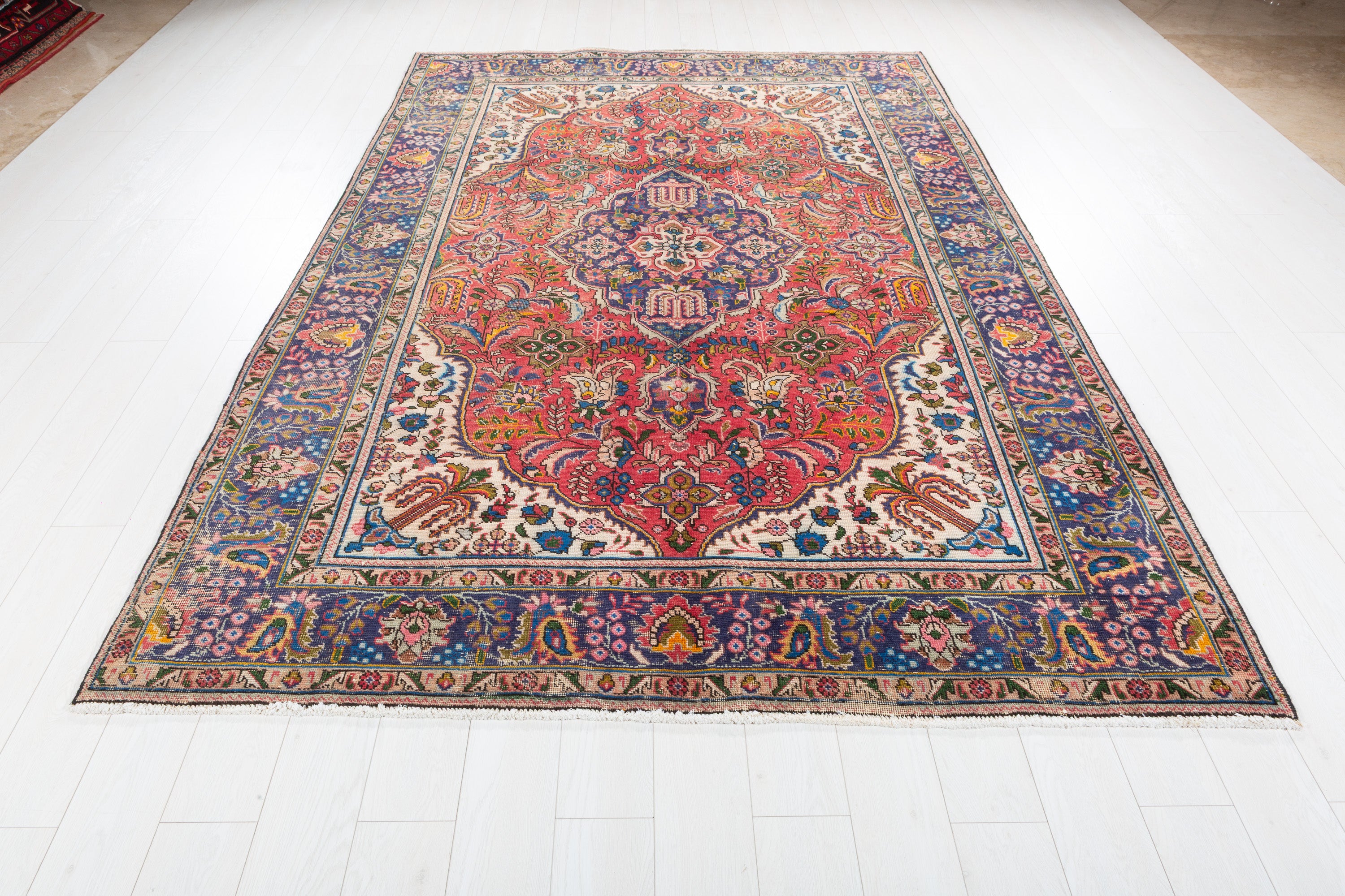 Vintage Red and Navy Blue Floral Rug – 9' 9" x 6' 7" (297 x 200 cm)