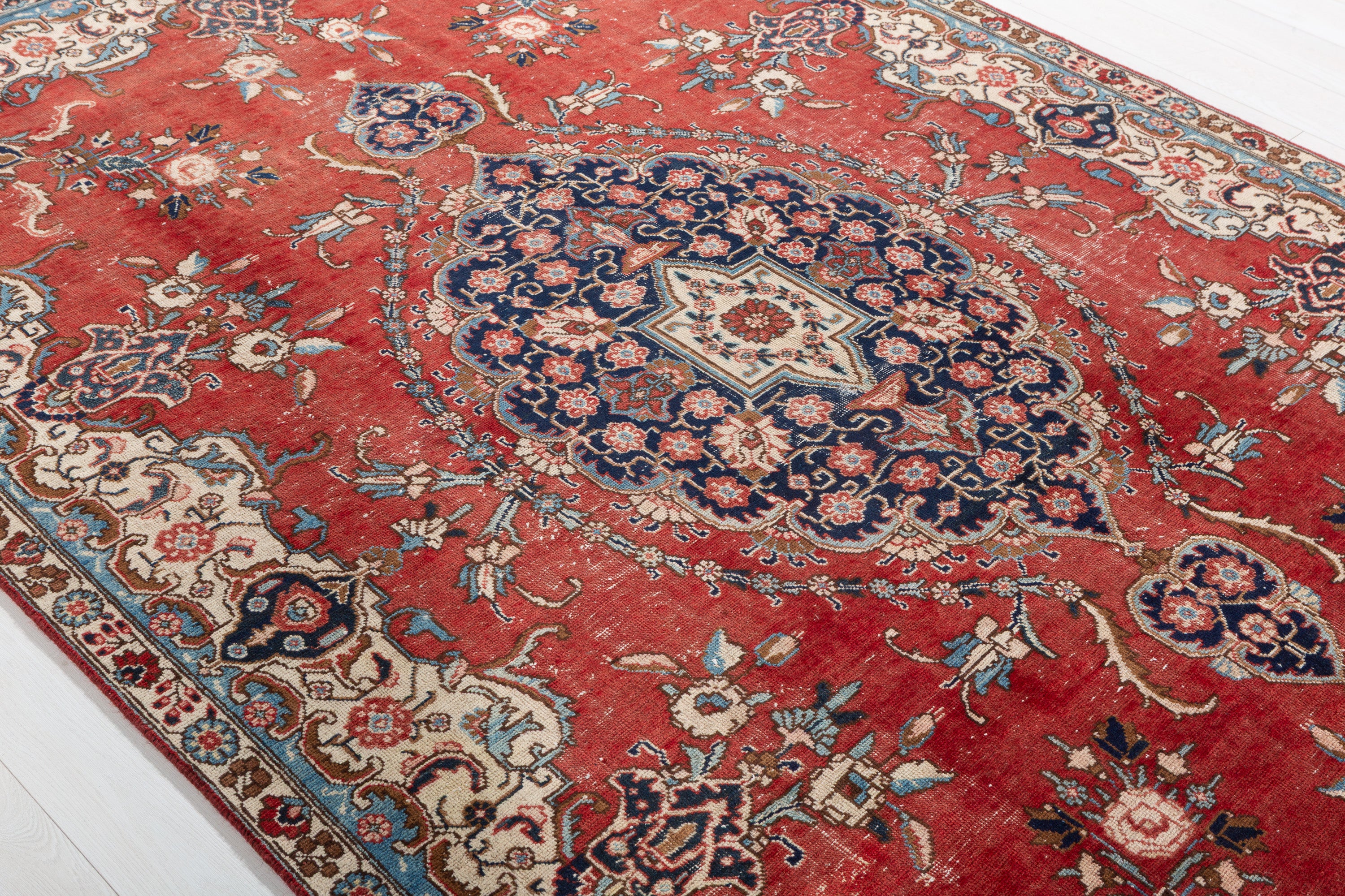 6x9 Vintage Persian Tabriz Red Floral Hand-Knotted Wool Rug